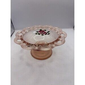 Vintage Lace Edge Hand Painted Frosted Pink Pedestal Compote Anchor Hocking Dish